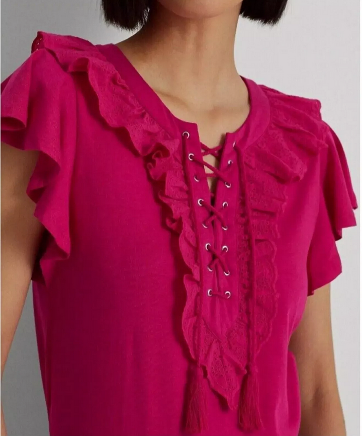 LAUREN RALPH LAUREN Ruffle-Trim Lace-Up Jersey T-Shirt