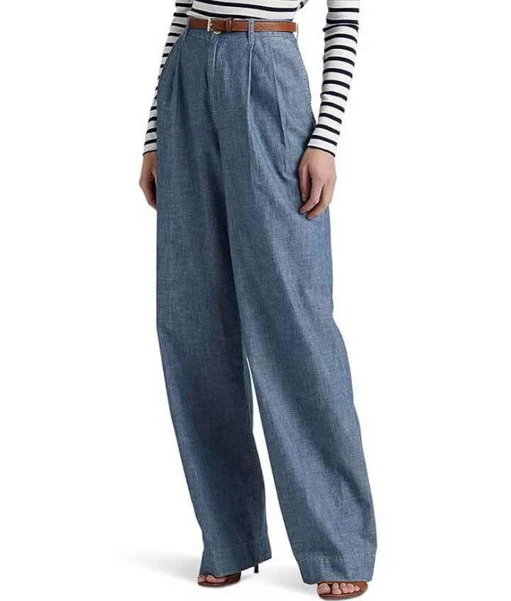 Ralph Lauren Pleated Chambray Wide-Leg Pants
