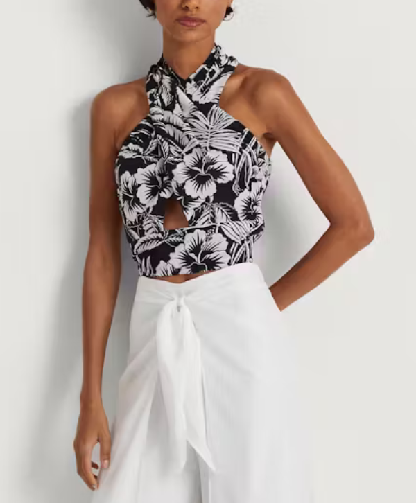 LAUREN RALPH LAUREN Floral Crepe Cropped Halter Blouse