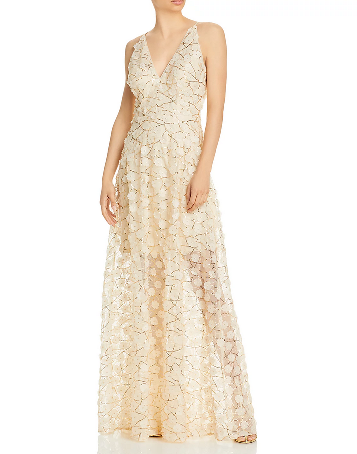 AQUA Raised Floral V Neck Gown