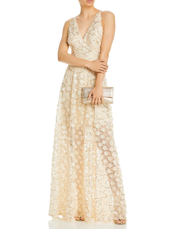 AQUA Raised Floral V Neck Gown