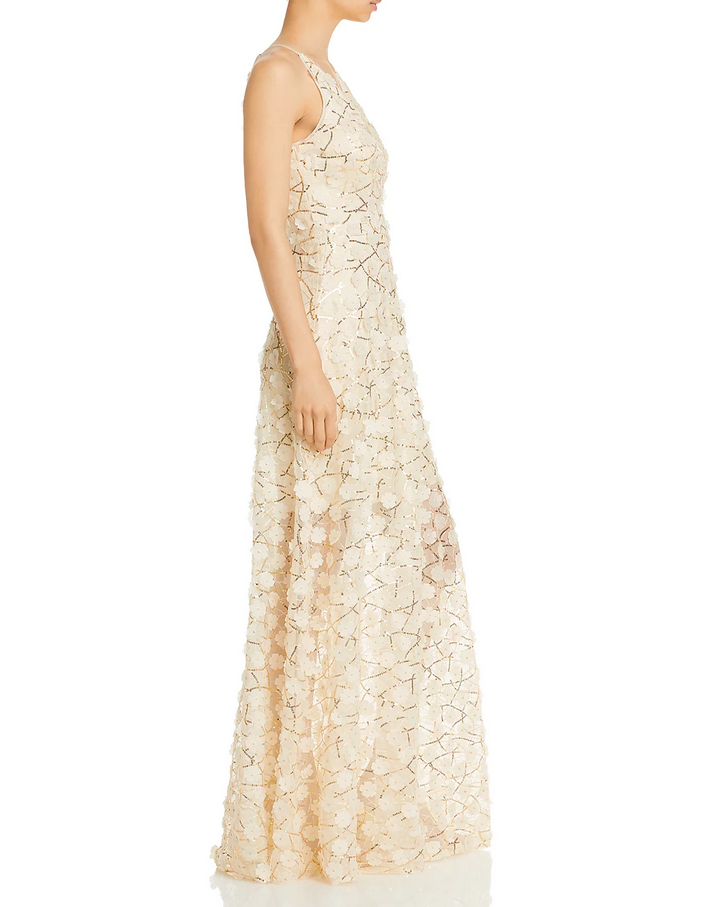 AQUA Raised Floral V Neck Gown