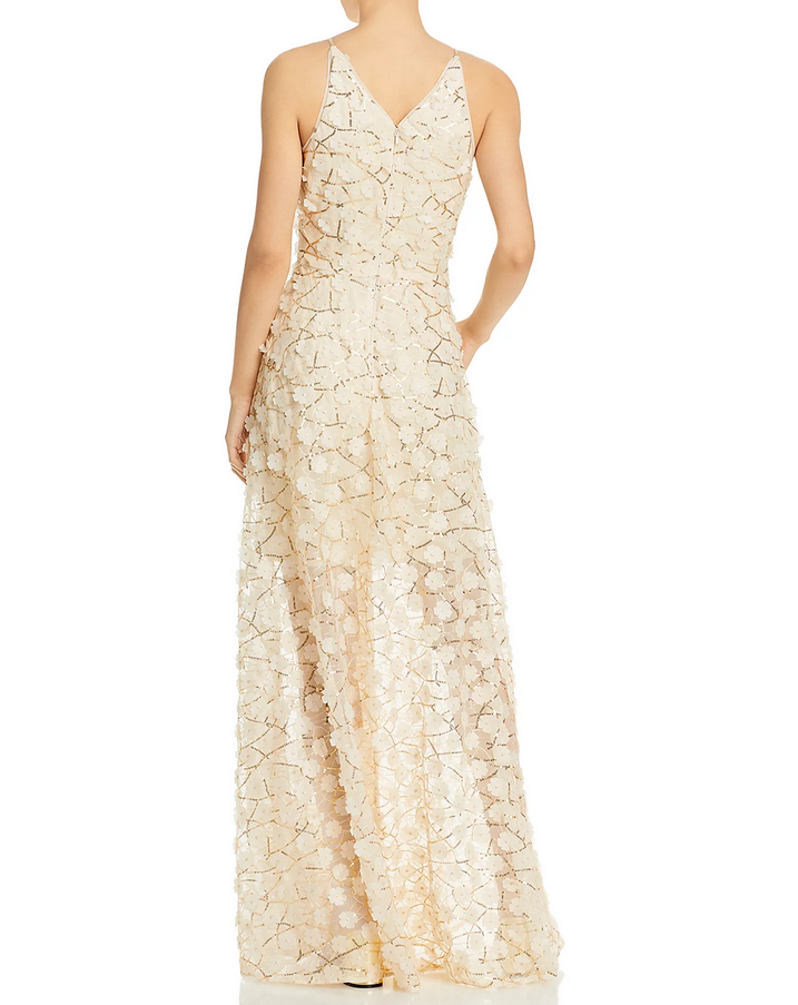 AQUA Raised Floral V Neck Gown