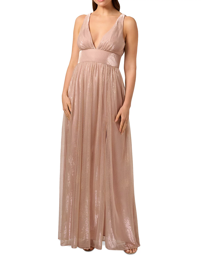 Liv Foster Plunge Embellished Metallic Gown