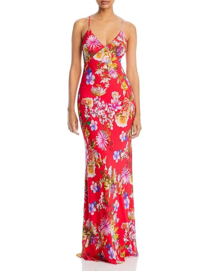 AQUA Floral Print Tie Back Slip Gown