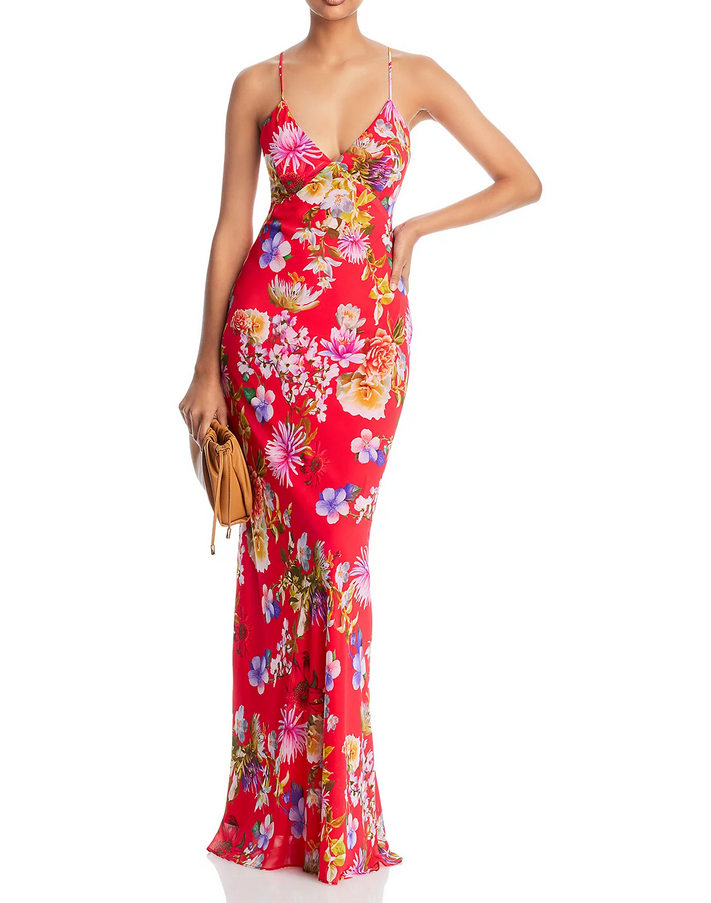 AQUA Floral Print Tie Back Slip Gown