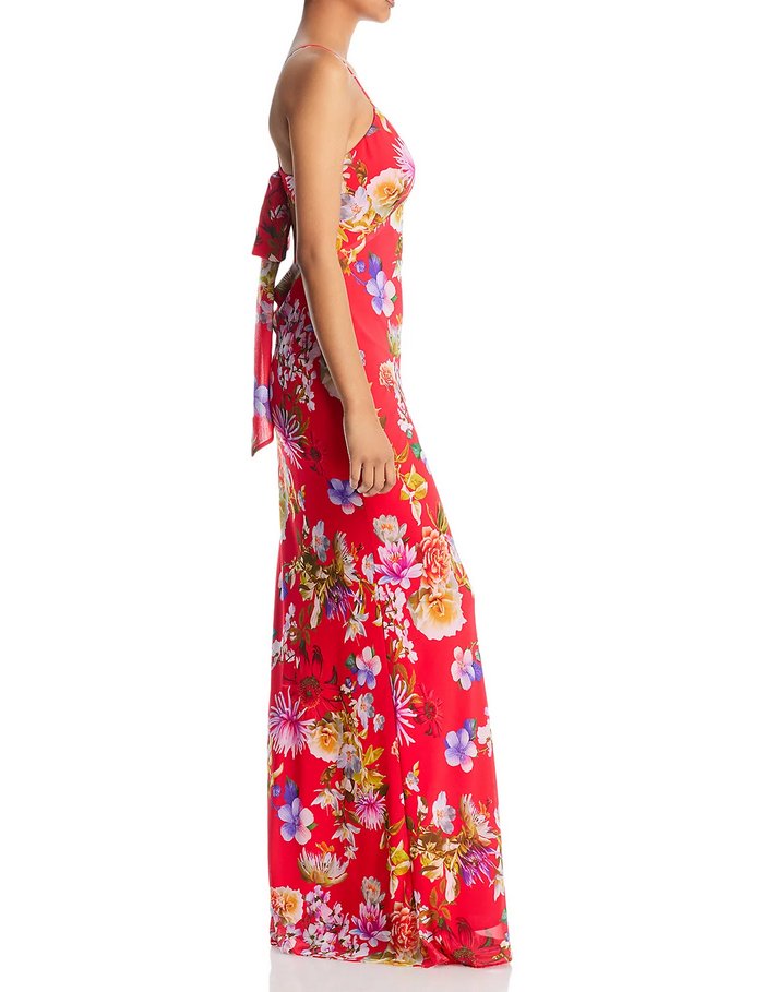 AQUA Floral Print Tie Back Slip Gown