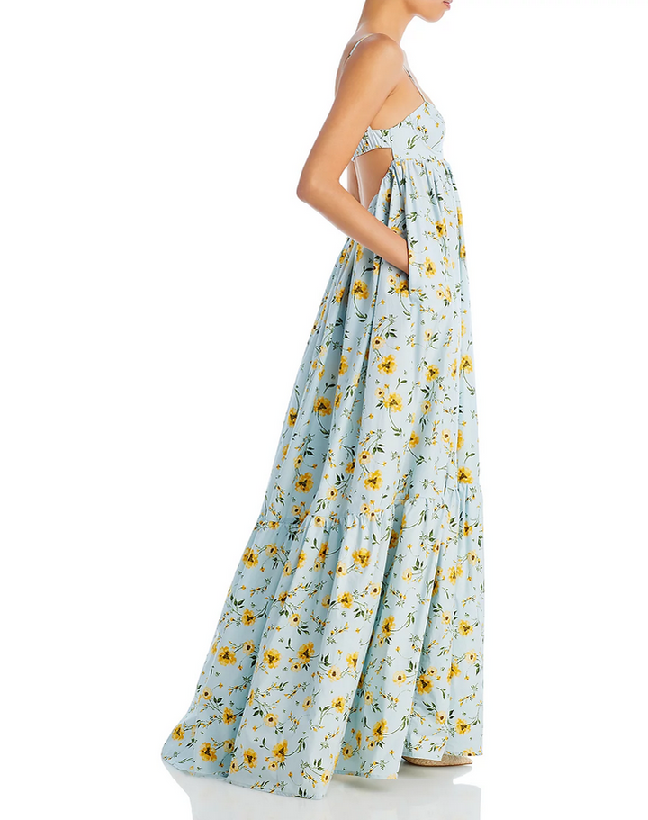 AQUA & Kristopher Brock Floral Print Poplin Cutout Back Maxi Dress