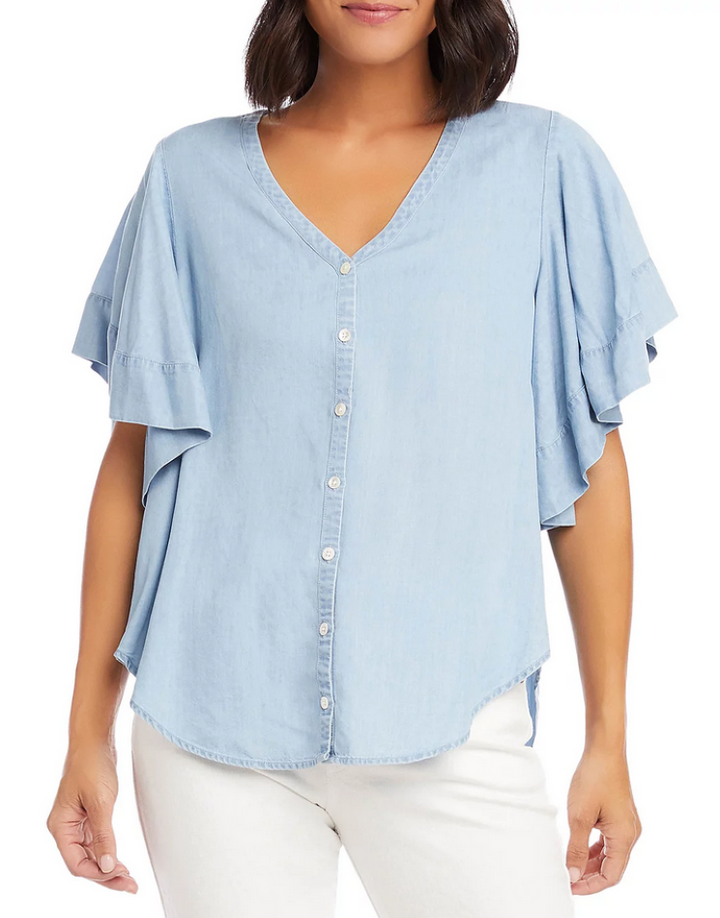 Karen Kane Flutter Sleeve Button Front Chambray Top