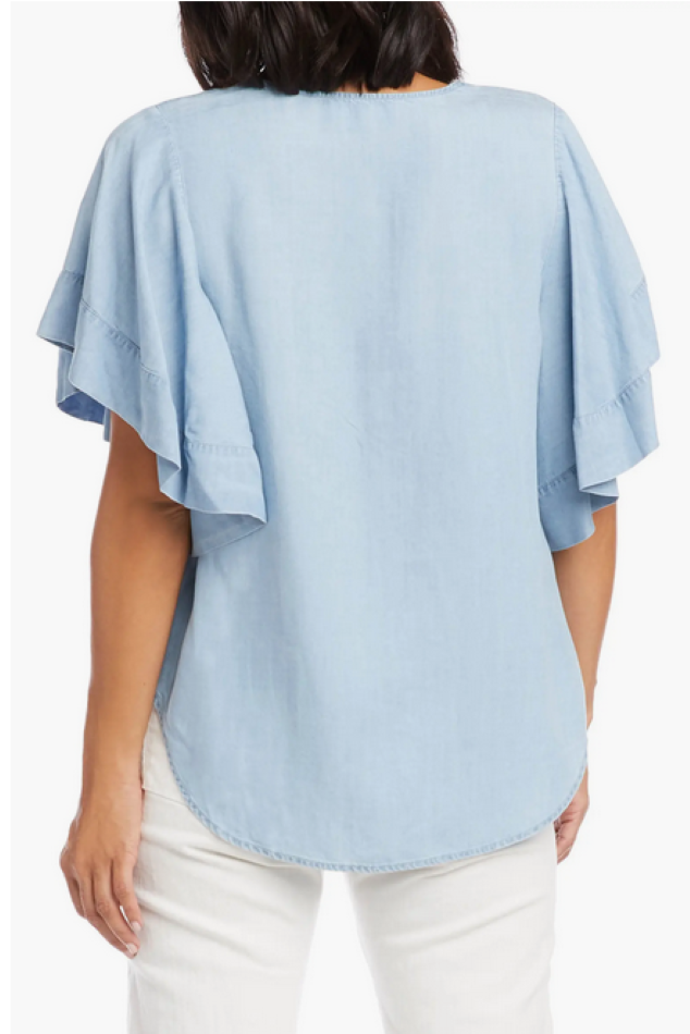 Karen Kane Flutter Sleeve Button Front Chambray Top