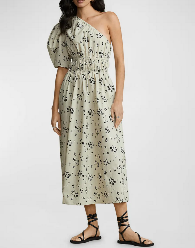 Polo Ralph Lauren Floral Asymmetric Shirred Poplin Midi Dress