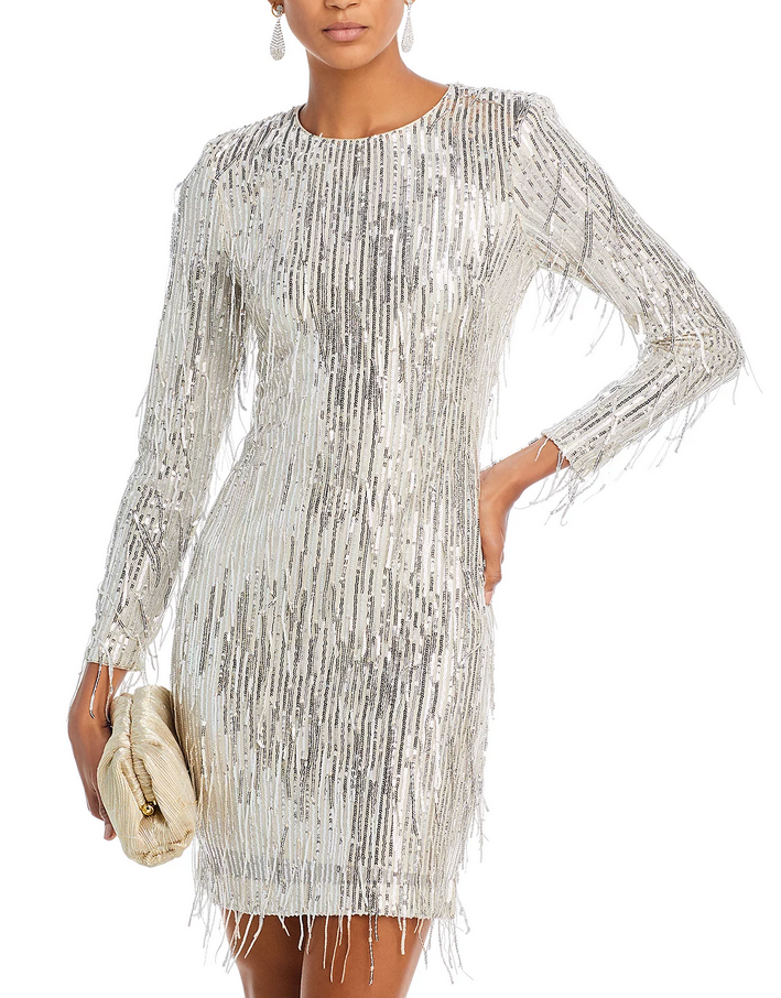 Eliza J Sequin Fringe Long Sleeve Cocktail Dress