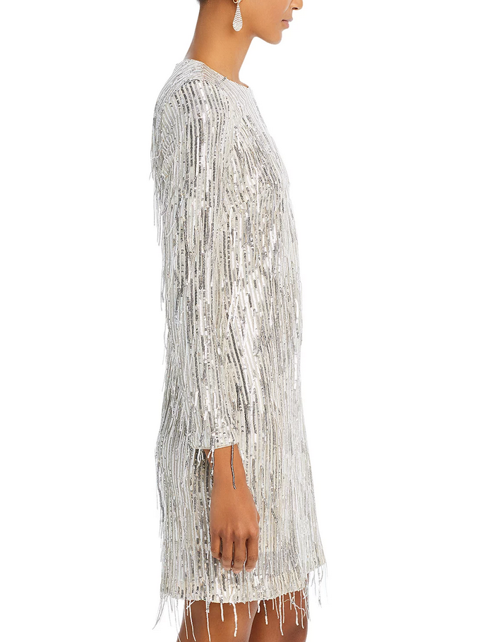 Eliza J Sequin Fringe Long Sleeve Cocktail Dress