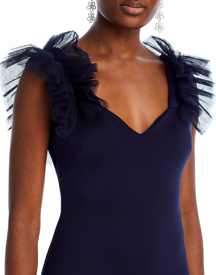 Eliza J Tulle Ruffle Shoulder Gown