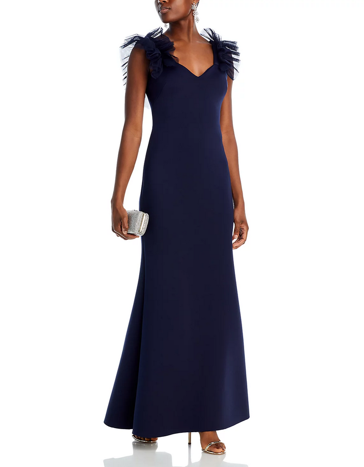 Eliza J Tulle Ruffle Shoulder Gown