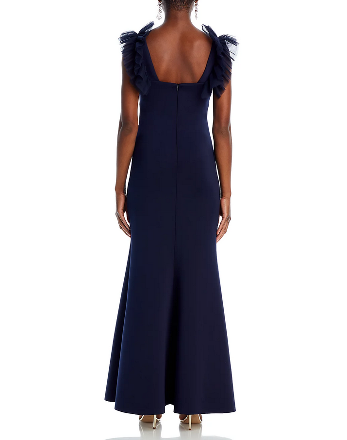 Eliza J Tulle Ruffle Shoulder Gown