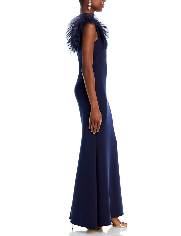 Eliza J Tulle Ruffle Shoulder Gown