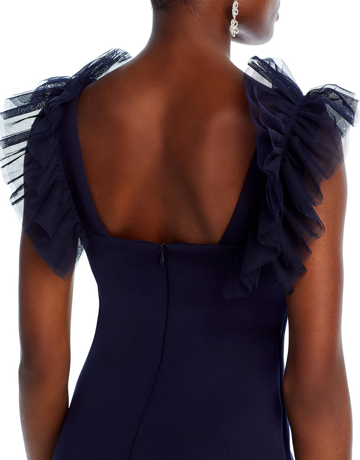 Eliza J Tulle Ruffle Shoulder Gown