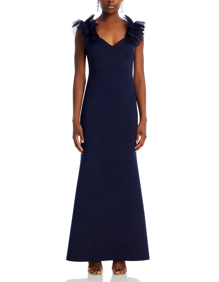 Eliza J Tulle Ruffle Shoulder Gown