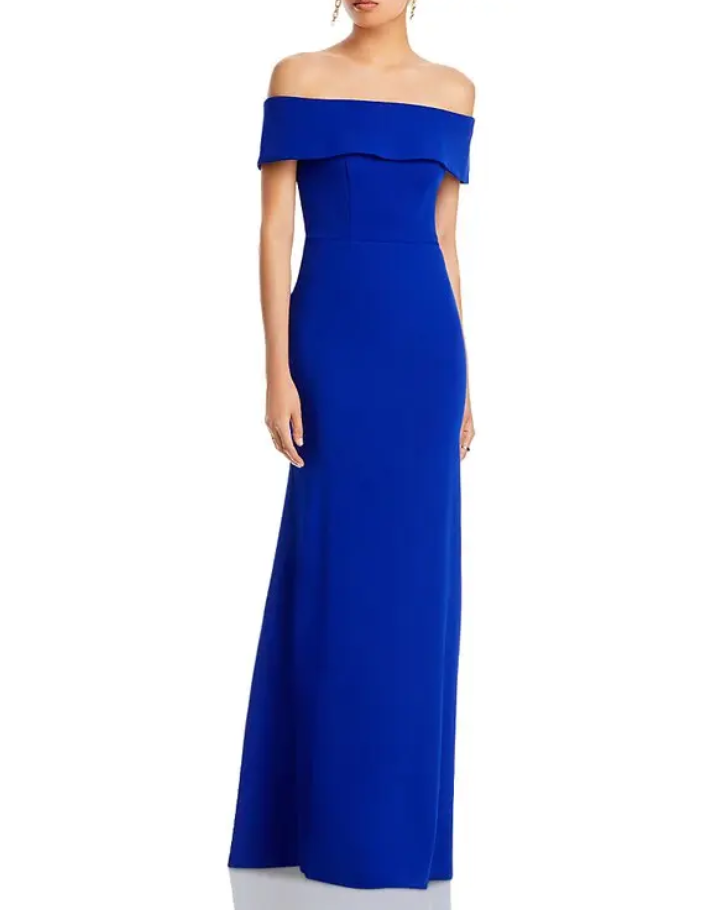 AQUA Off-the-Shoulder Scuba Crepe Gown