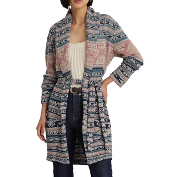 LAUREN RALPH LAUREN Geo-Motif Belted Linen-Cotton Cardigan