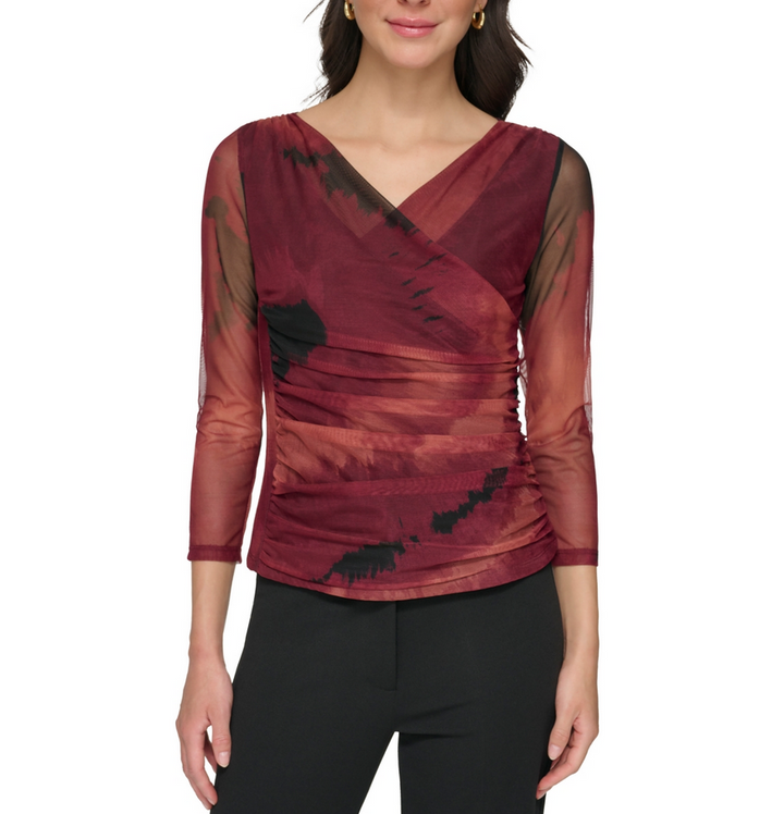 DKNY 3/4-Sleeve Printed Mesh V-Neck Top