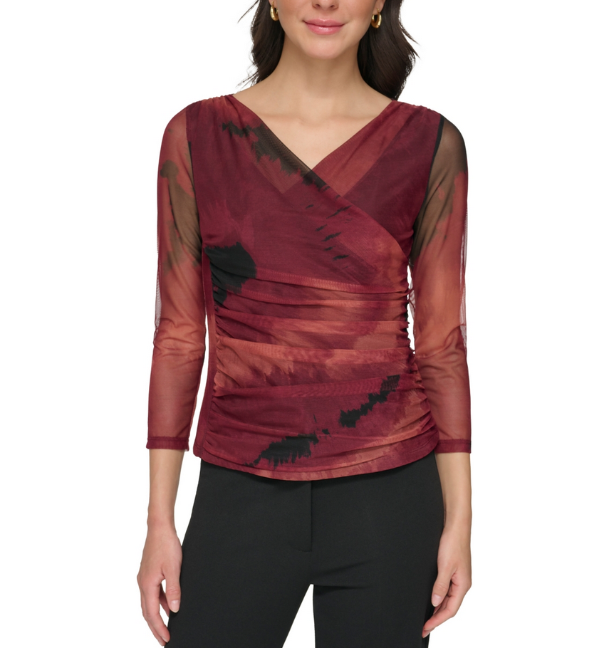 DKNY 3/4-Sleeve Printed Mesh V-Neck Top