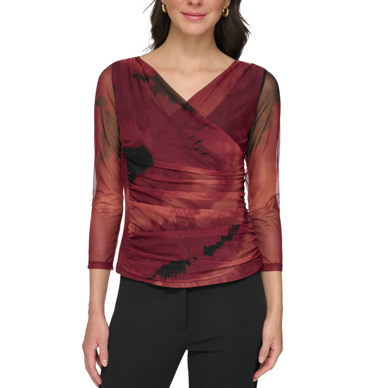 DKNY 3/4-Sleeve Printed Mesh V-Neck Top