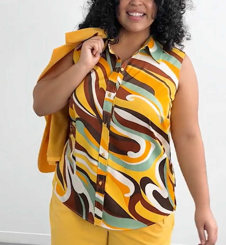 Bar III Plus Size Swirl-Printed Sleeveless Button-Front Top