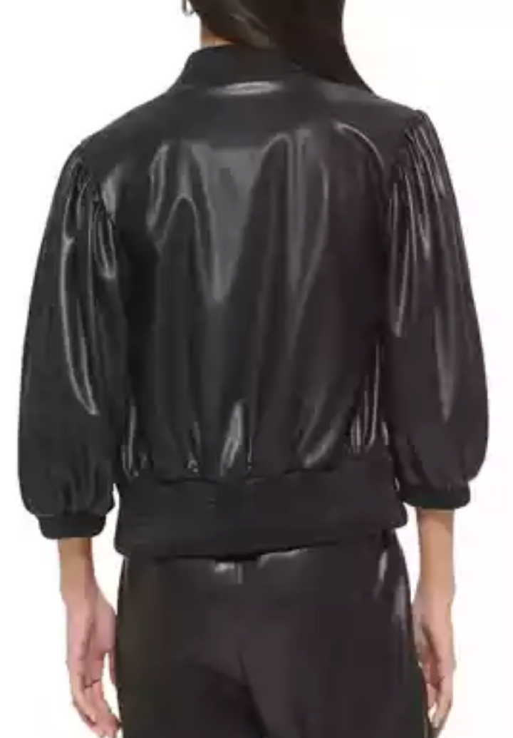 DKNY Faux-Leather Blouson-Sleeve Cropped Bomber Jacket