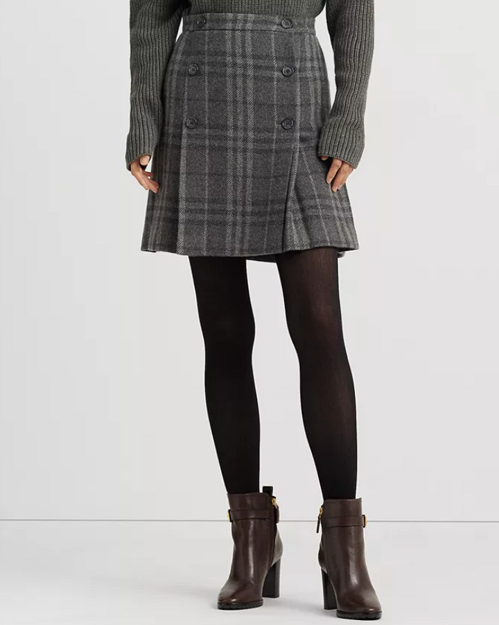 LAUREN RALPH LAUREN Plaid Pleated Wool-Blend Tweed Miniskirt