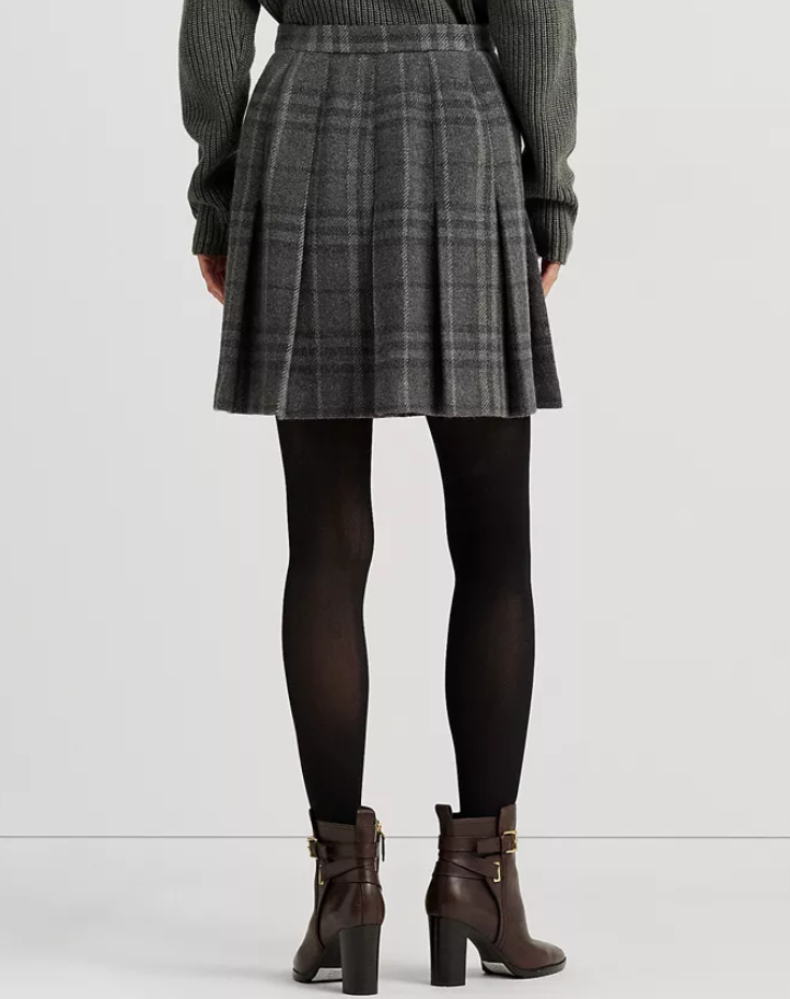 LAUREN RALPH LAUREN Plaid Pleated Wool-Blend Tweed Miniskirt