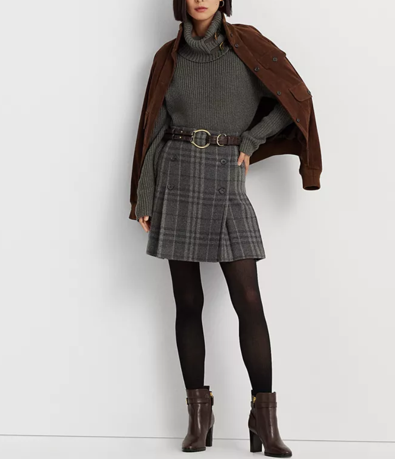 LAUREN RALPH LAUREN Plaid Pleated Wool-Blend Tweed Miniskirt