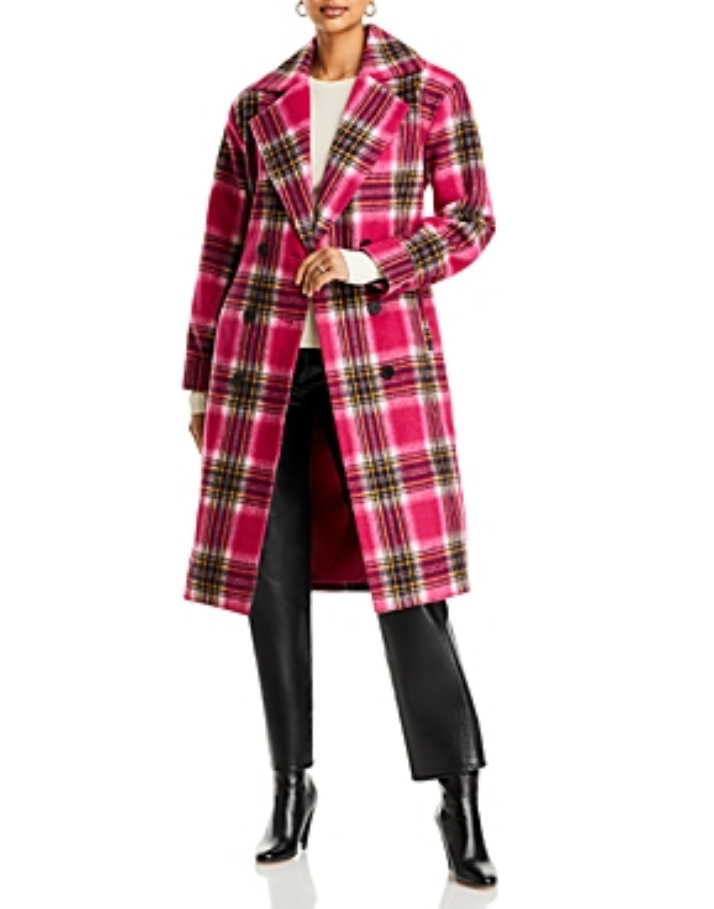 AQUA Plaid Double Breasted Belted Coat