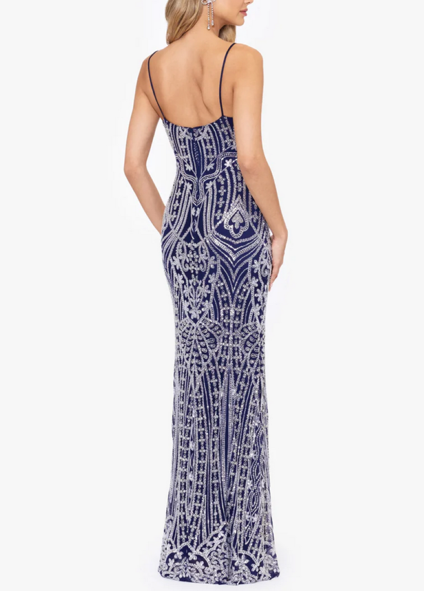 Betsy & Adam U-Neck Embellished Slit-Front Gown