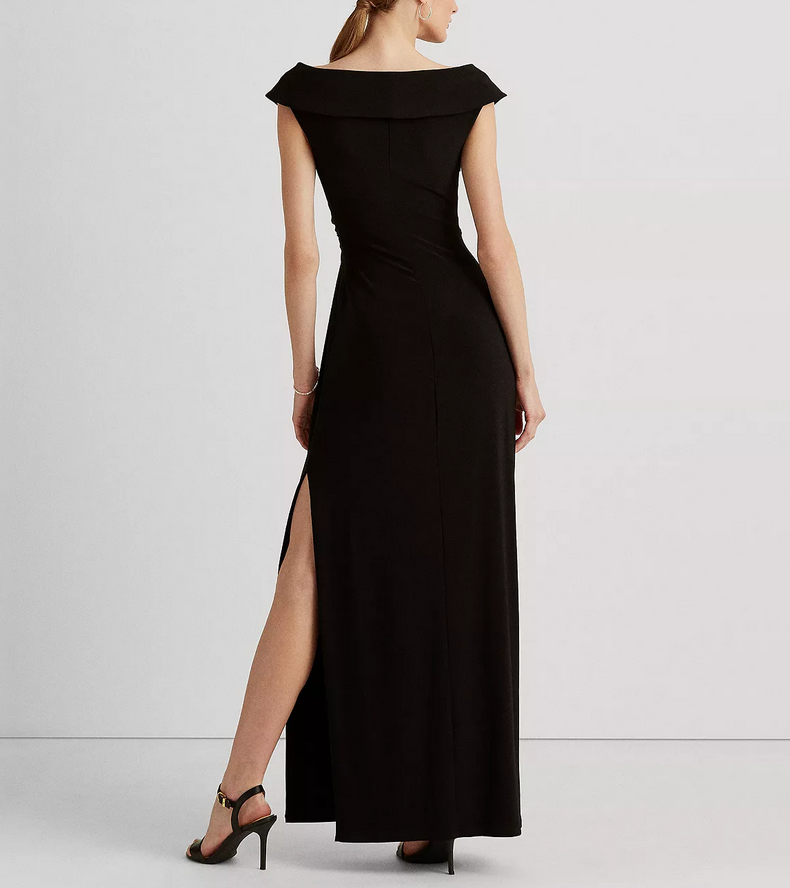 LAUREN RALPH LAUREN Jersey Off-the-Shoulder Side-Slit Column Gown