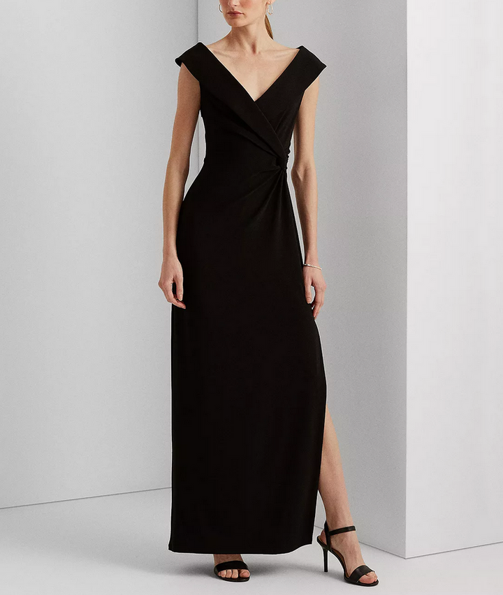 LAUREN RALPH LAUREN Jersey Off-the-Shoulder Side-Slit Column Gown