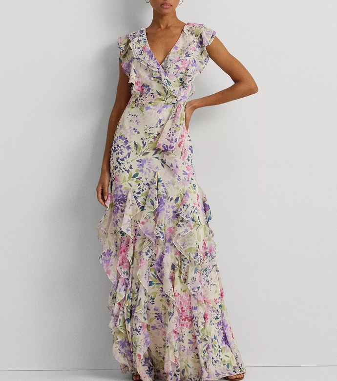 Lauren Ralph Lauren Ruffled Floral A-Line Gown