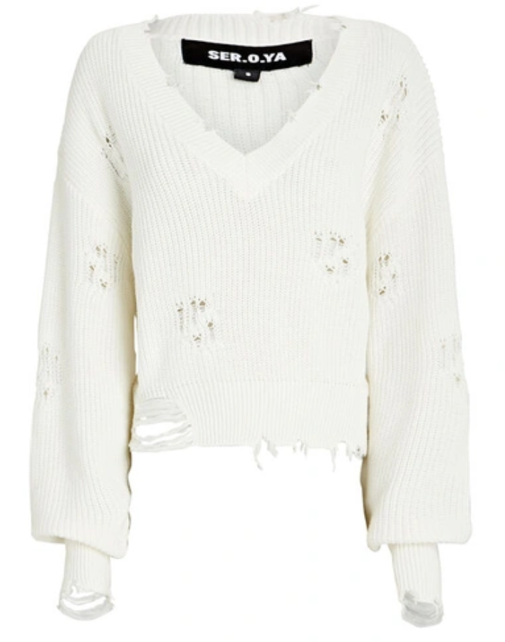 SER.O.YA Syd Distressed Cotton V Neck Sweater