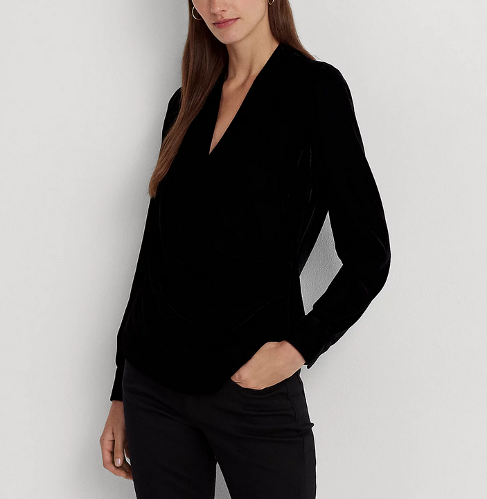 Lauren Ralph Lauren Pleated Velvet Surplice Blouse