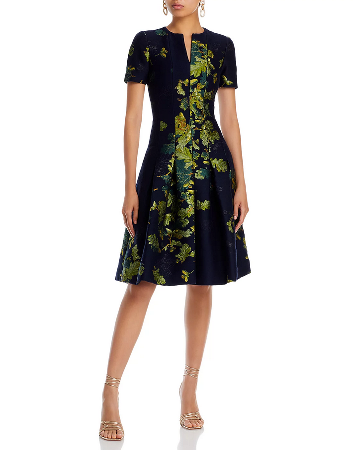 Oscar de la Renta Short Sleeve Embroidered Dress