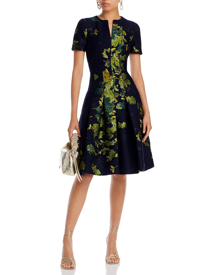 Oscar de la Renta Short Sleeve Embroidered Dress