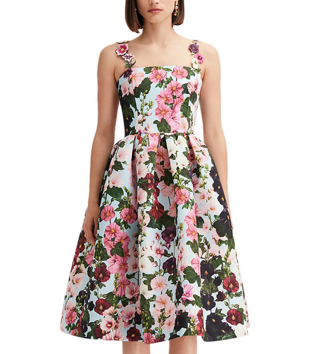 Oscar de la Renta Floral Embellished Strap Dress