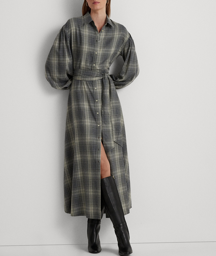 LAUREN RALPH LAUREN Checked Plaid Belted Twill Shirtdress