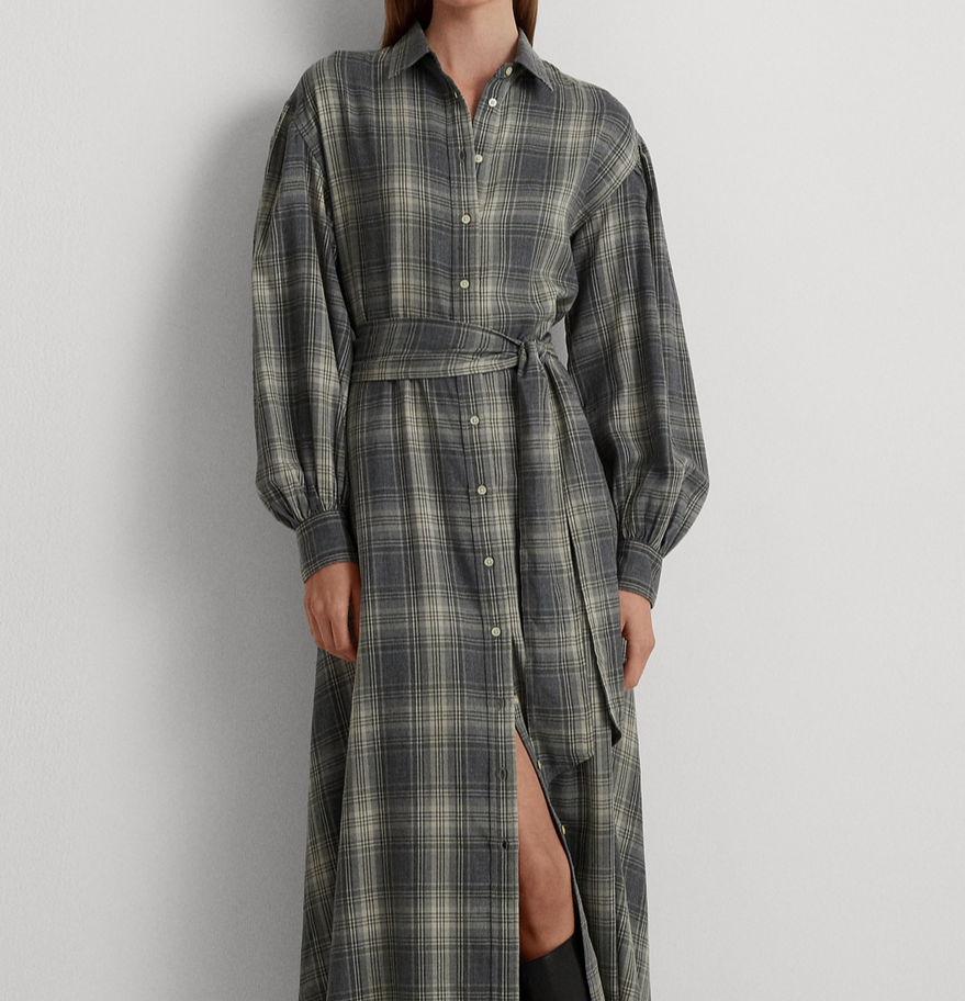 LAUREN RALPH LAUREN Checked Plaid Belted Twill Shirtdress