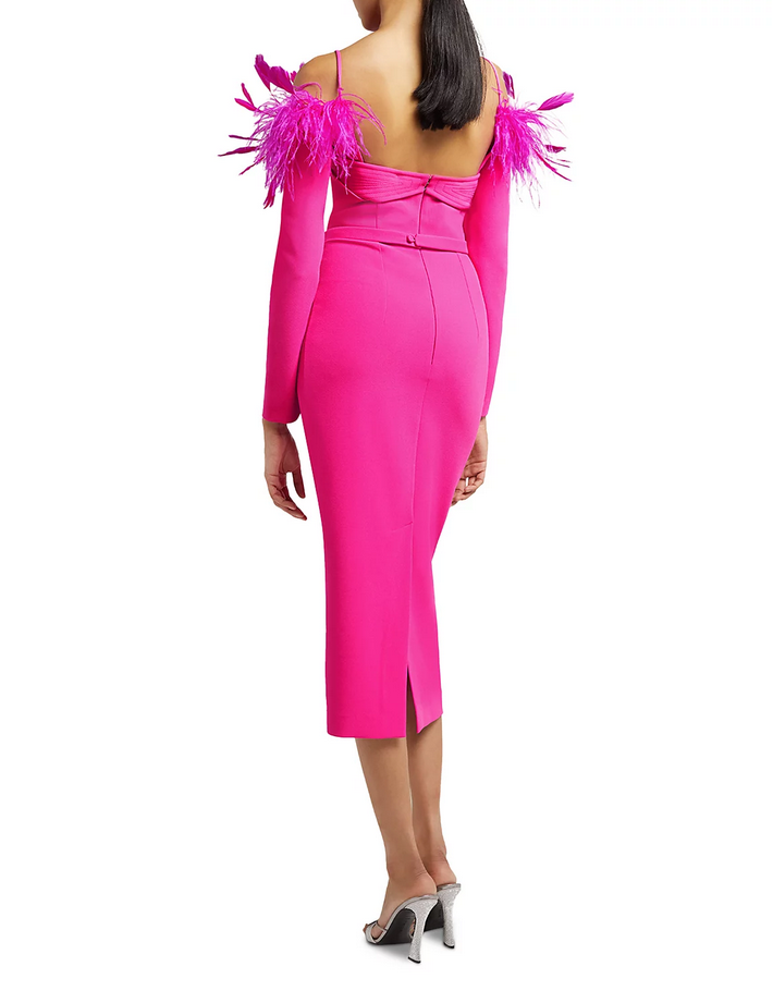 Safiyaa Vittoria Cold Shoulder Feather Trim Midi Dress