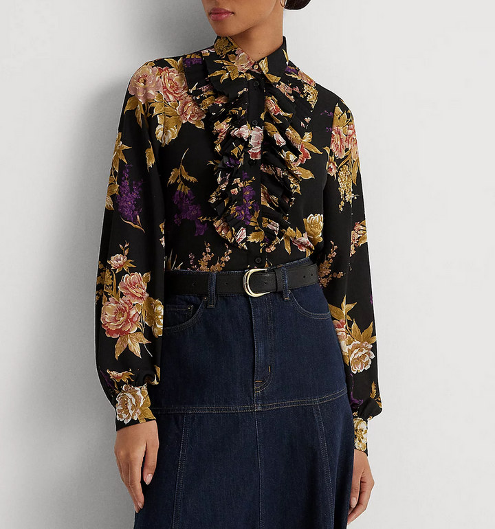 LAUREN RALPH LAUREN Floral Ruffle-Trim Georgette Shirt