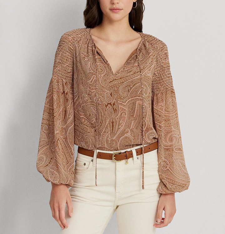 LAUREN RALPH LAUREN Paisley Georgette Tie-Neck Blouse