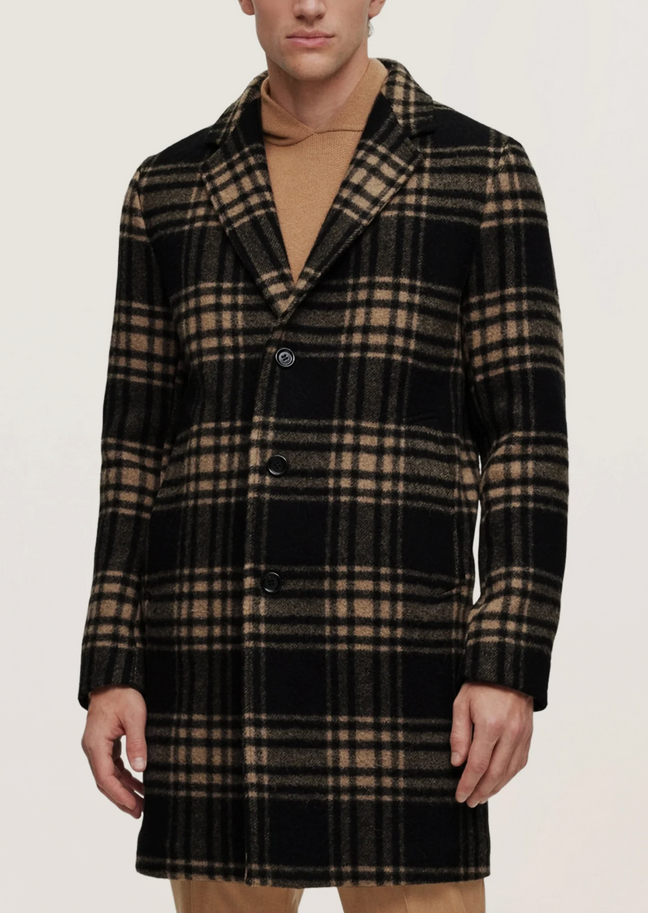 BOSS Cam Check Relaxed Fit Wool Coat