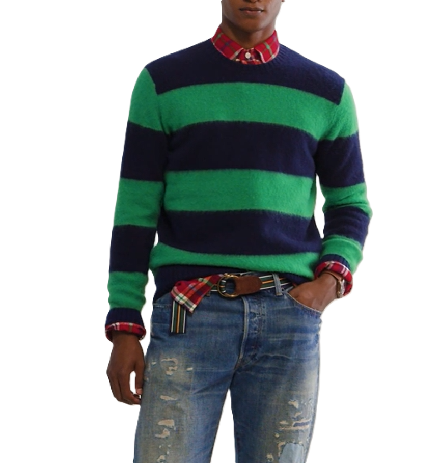 POLO Ralph Lauren MEN  Wool & Cashmere Striped Suede Trimmed Crewneck Sweater